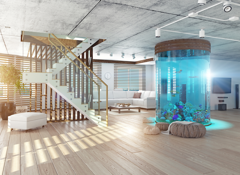 Beautifully decorated aquarium serving as a stunning centerpiece in a living room