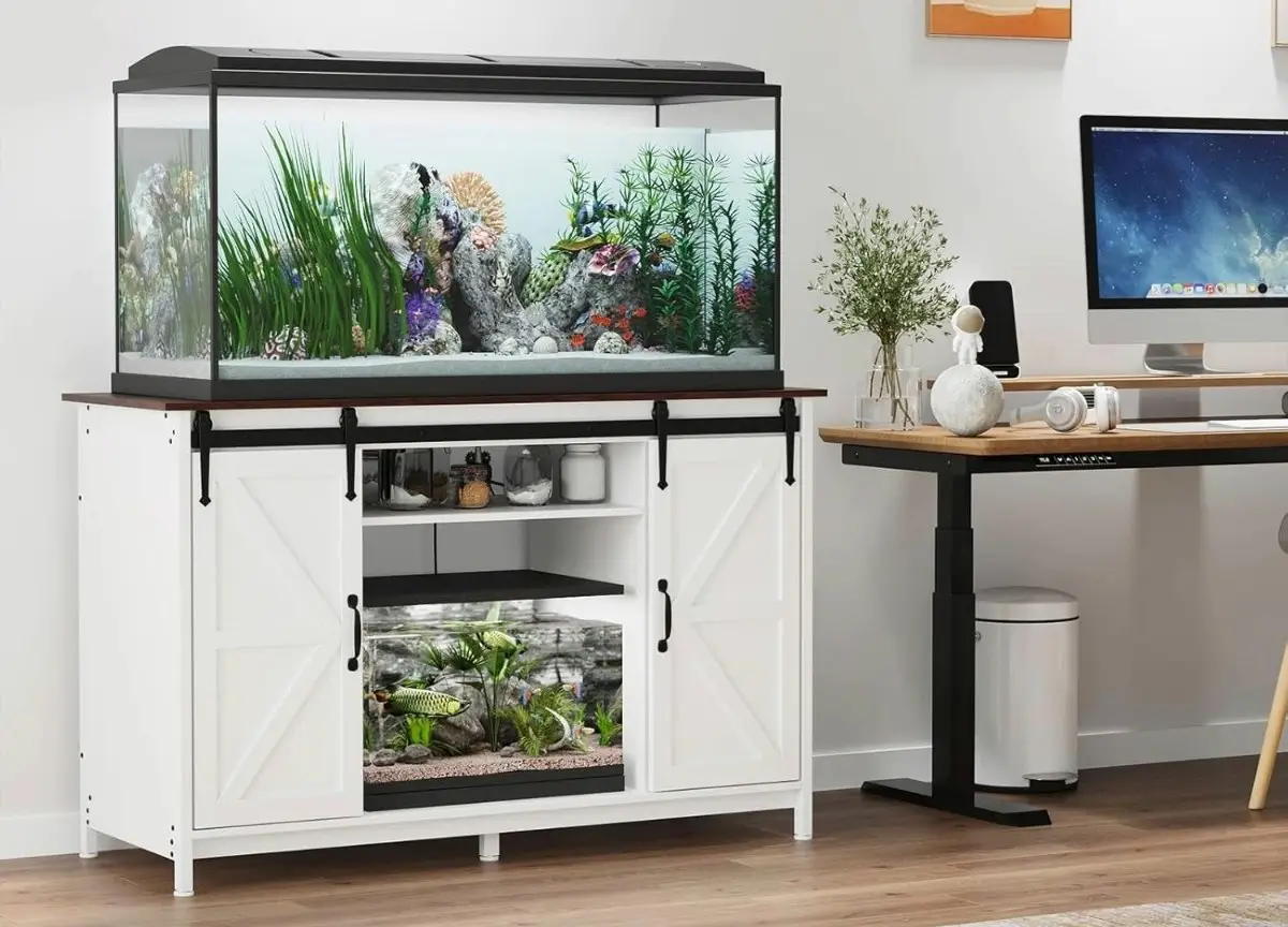 55-gallon fish tank on a sturdy aquarium stand in a living room