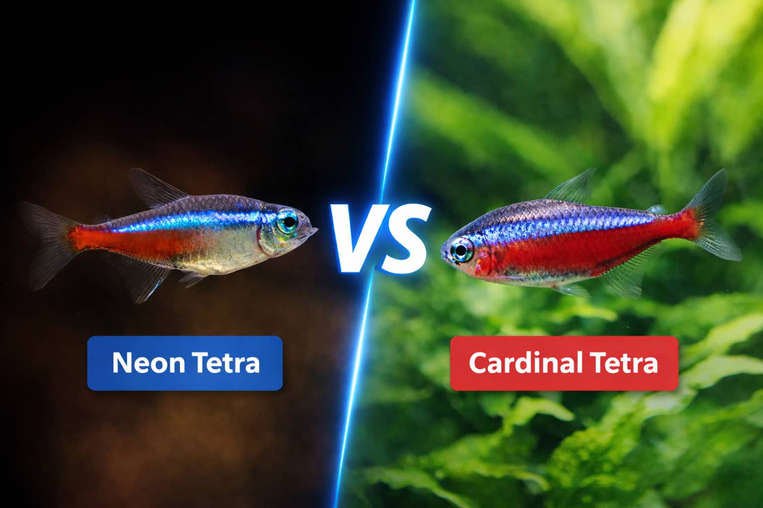 Cardinal tetra and neon tetra side by side