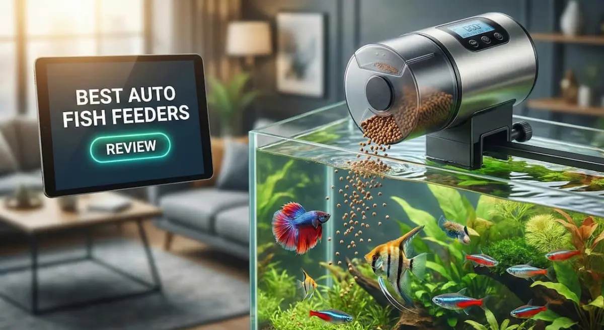 Automatic fish feeder mounted on aquarium for scheduled feeding